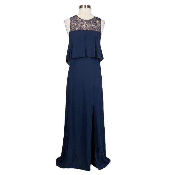 BCBGMAXAZRIA Lace and Crepe Evening Gown Blue Size 4 Sheer Back Formal Dress - Picture 1 of 13